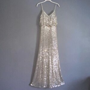 LULUS Sequin Broadway Long Maxi Dress Small Silver Cream